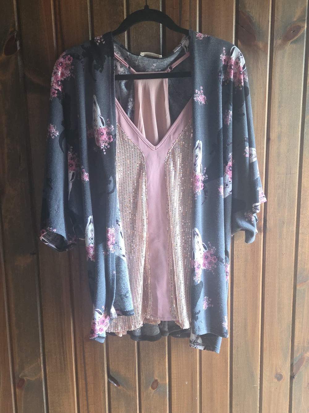 Promesa Charcoal Gray Open-Front Top with Pink Floral Detail